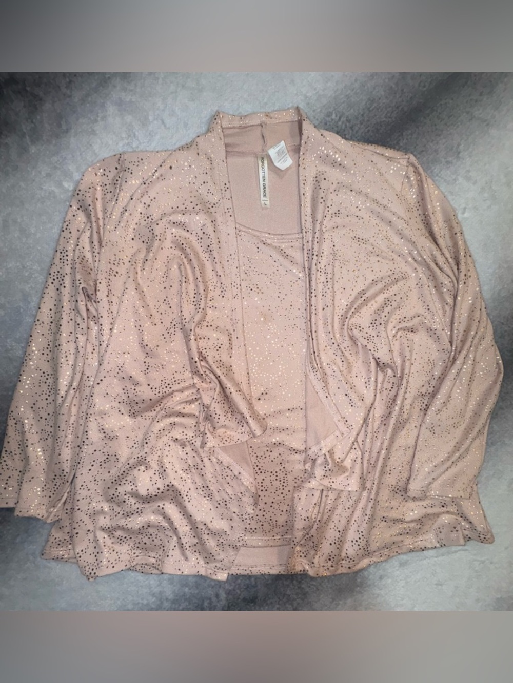 (A6) Forgotten Grace Blush Pink & Gold Metallic Layered Lace Cardigan Set L